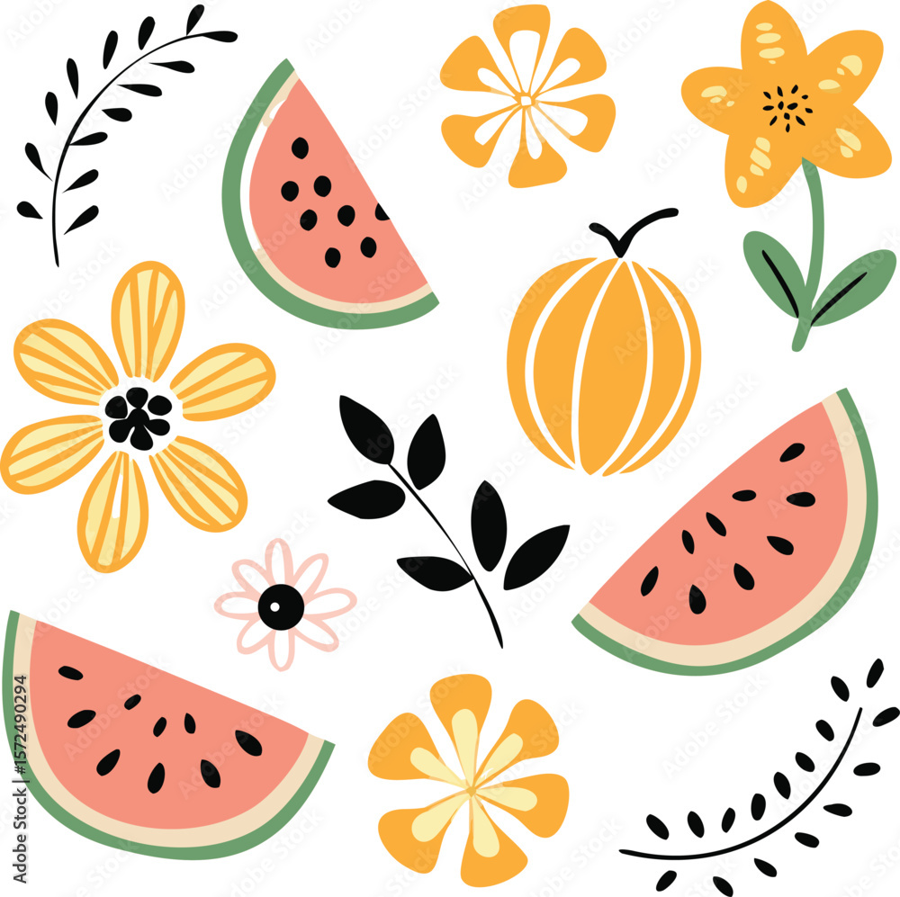Poster summer fruit and flower design elements for textile prints and patterns