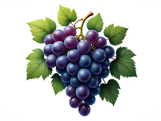 Fototapeta premium Realistic Illustration of a Lush Bunch of Dark Purple Grapes with Vibrant Green Leaves isolated on a transparent background