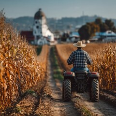 Farmer Driving ATV Through Cornfield at Sunset