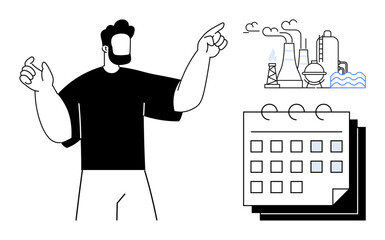 Man gesturing toward industrial factory structures and calendar, representing scheduling, productivity, and strategy. Ideal for management, planning, operations, industry, efficiency organization