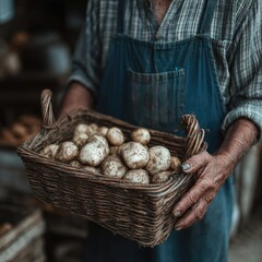 Farmer's Hands Holding a Basket of Freshly Dug Potatoes