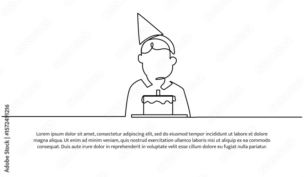 Poster one line of a boy is having a birthday. abstract minimal continuous line.