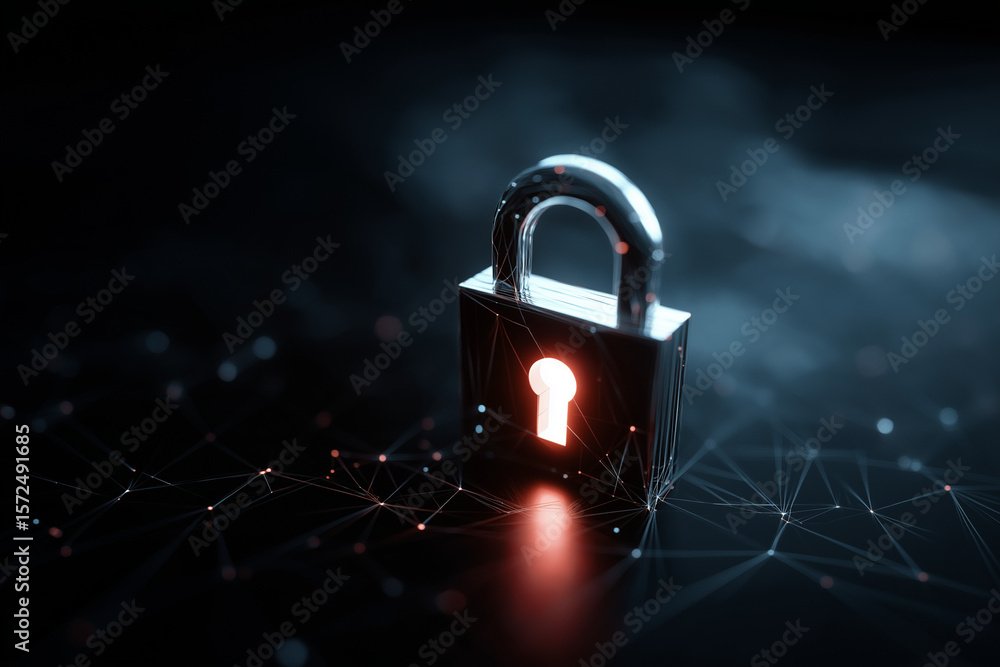 Fototapete Glowing padlock on dark digital network; cybersecurity, technology, internet security concepts, virtual protection, data encryption, network safety graphics.
