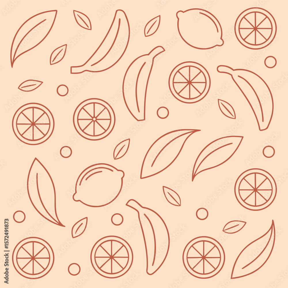 Poster seamless pattern of bananas lemons and oranges with leaves on a peach background