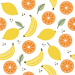 Seamless Pattern with Bananas Lemons and Orange Slices Bright Yellow and Orange Fruit Design