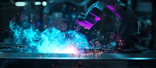 AI robot welding with vibrant blue and purple flames amid futuristic machinery in dark space