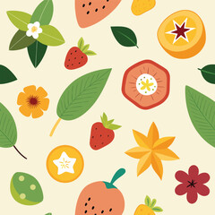 Vibrant Summer Fruit and Flower Pattern Seamless Design Background