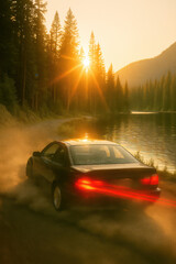 Black car speeding along dusty forest road beside calm lake at golden sunset with sun rays filtering through pine trees