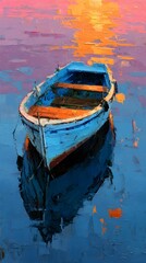 An oil painting, alone boat on tranquil waters under a vibrant sky
