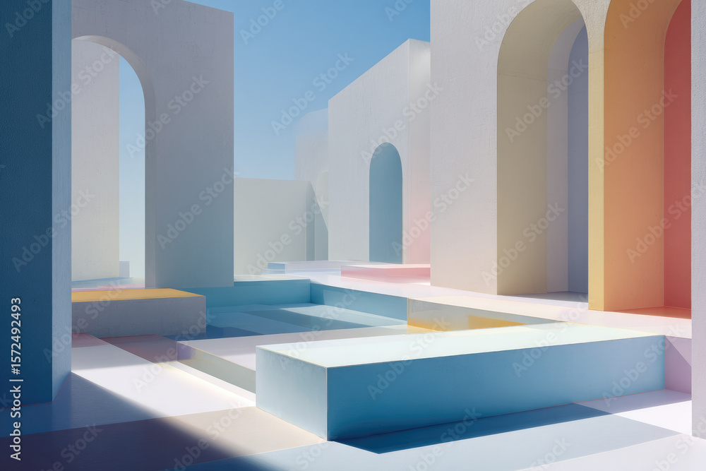 Poster minimalist architecture pastel color geometric shape archway modern building sunlight abstract calm 