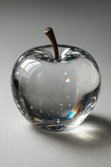 Clear glass apple sculpture with bubbles and smooth surface casting soft shadows on neutral background