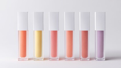 Five tubes of tinted lip gloss in pastel shades