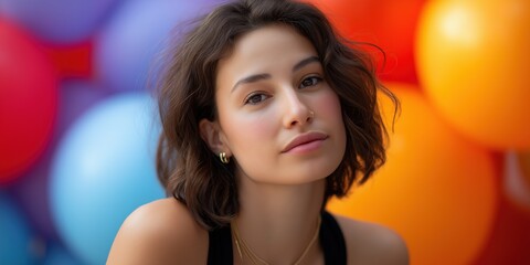 Young caucasian female with short hair surrounded by colorful balloons