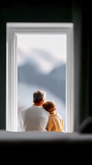 Father and Daughter Embrace at Window with Mountain View
