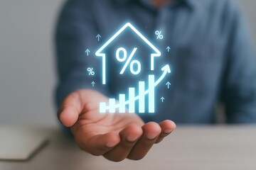 Real Estate Investment Growth Hand Holding Rising Home Value, Percentage Increase Concept, Financial Success and Property Market, Blue Toned Visual Illustration
