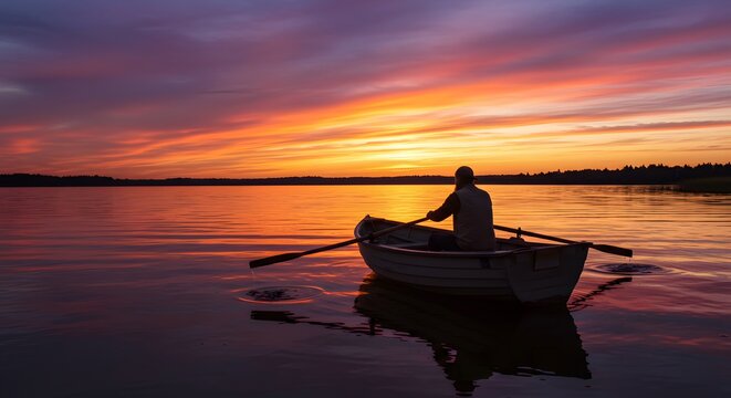 Man rowing a boat on a serene lake at sunset