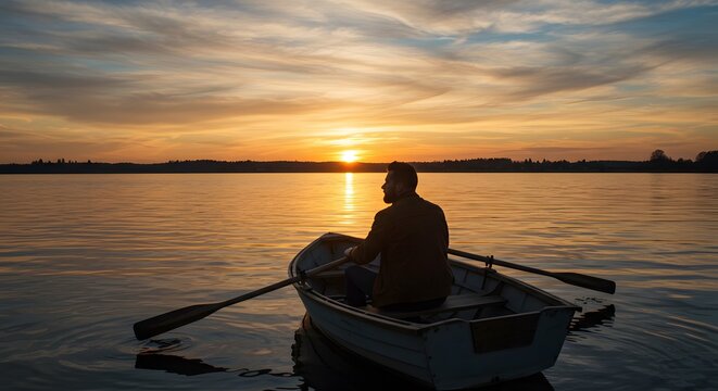 Man rowing boat on lake at sunset