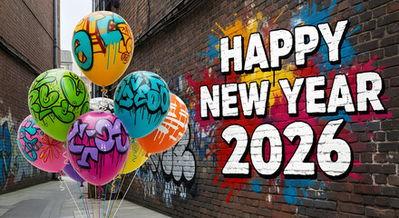 Happy New Year 2026 Greeting with Graffiti Balloons and Urban Street Art Background.