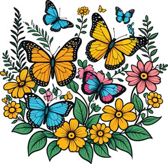 Aesthetic Vibrant Vector of Flowers and Butterfly