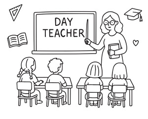 Teacher with a pointer at the board in the classroom. Primary school students studying in the classroom. Classroom with students and teacher in doodle style. Illustration with Happy Teacher's Day. Vec