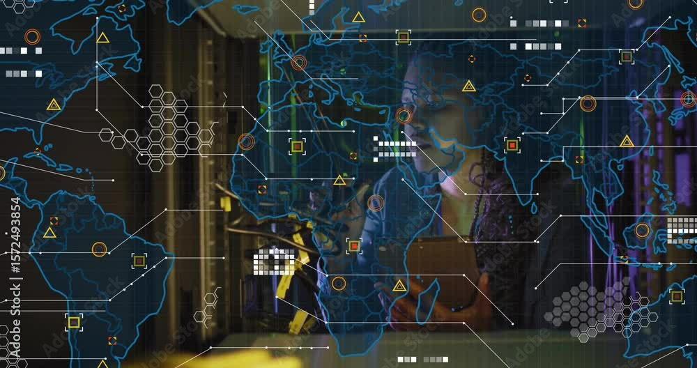 Aufkleber network engineer configuring yellow cables using tablet while neon map expanding over rack