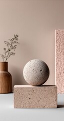 Light beige and blush pink textured geometric objects,  a  small wooden vase and dried plant