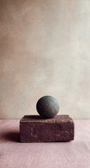 A muted gray sphere rests atop a dark, rectangular block, set against a textured, light beige-brown backdrop. Pink surface below