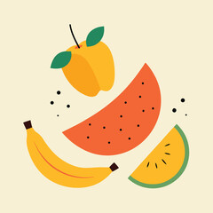 Vibrant Summer Fruit Illustration Featuring Banana Watermelon and Apricot