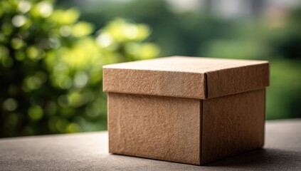 Light brown cardboard box sits on a surface, out-of-focus greenery in background