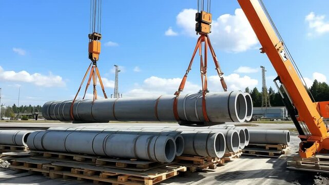 An industrial crane is lifting large concrete pipes stacked on wooden pallets. Construction crane lifting concrete pipes	
