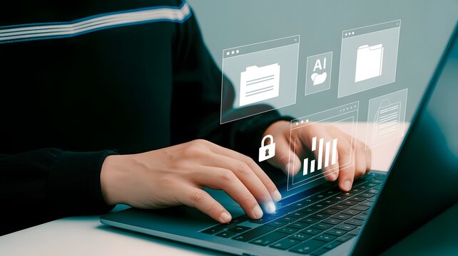 A person types on a laptop keyboard, with a digital interface showing various files and data