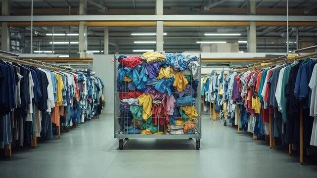 A large steel cart full of discarded clothing in a clothing store, symbolizing overconsumption, Fast fashion waste, Environmental impact of consumerism	
