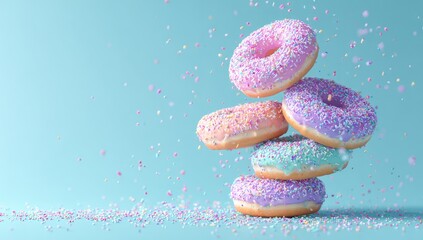 Colorful donuts levitating, pastel colors, sprinkles