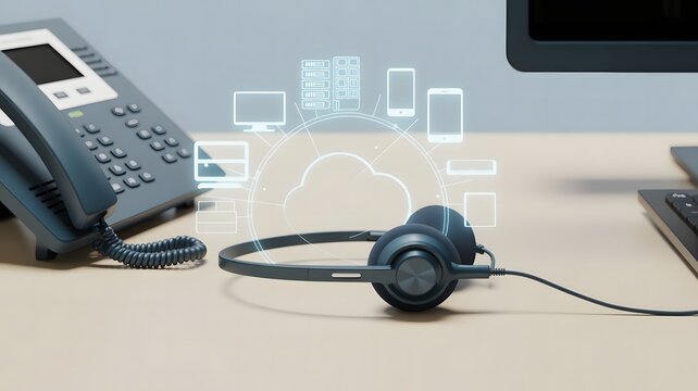 A headset rests on a desk next to a phone and computer, with a holographic cloud and connected devices symbolizing communication technology