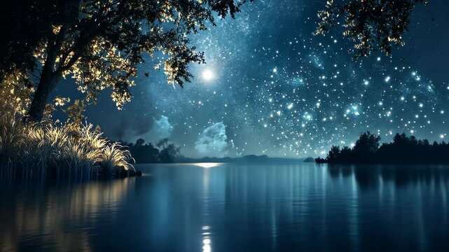 Serene night landscape featuring a calm lake reflecting stars and illuminated trees under a moonlit sky