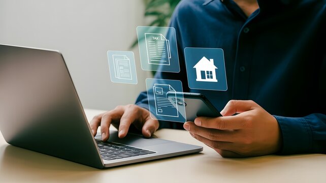 Person using laptop and smartphone to manage real estate documents, showcasing modern technology in property transactions