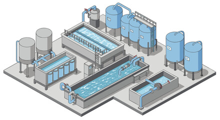 Obraz premium Isometric water treatment facility with tanks and pipelines