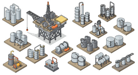 Isometric oil and gas facilities with industrial equipment and storage tanks