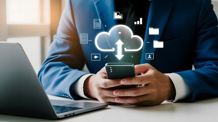 A businessman uses his smartphone to access cloud data storage