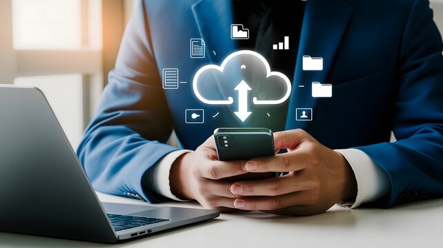 A businessman uses his smartphone to access cloud data storage