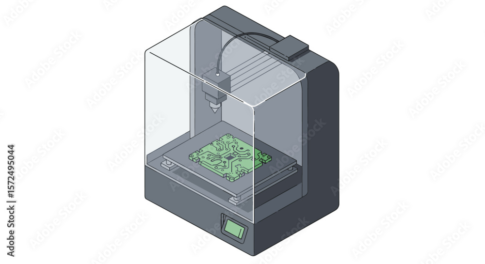 Poster isometric 3d printer with circuit board design in protective enclosure