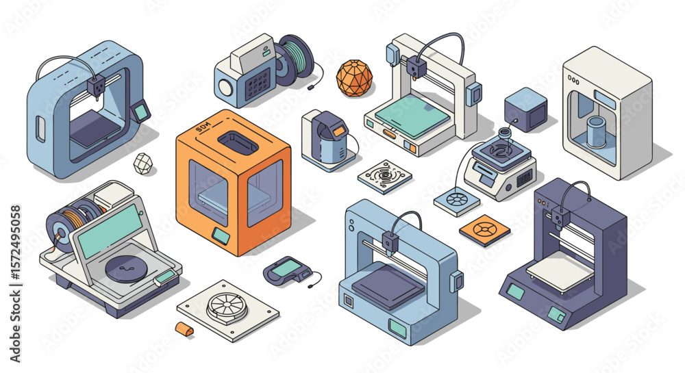 Poster modern 3d printers collection featuring various models and accessories in isometric style