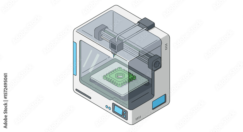 Poster isometric 3d printer with circuit board prototype inside transparent chamber