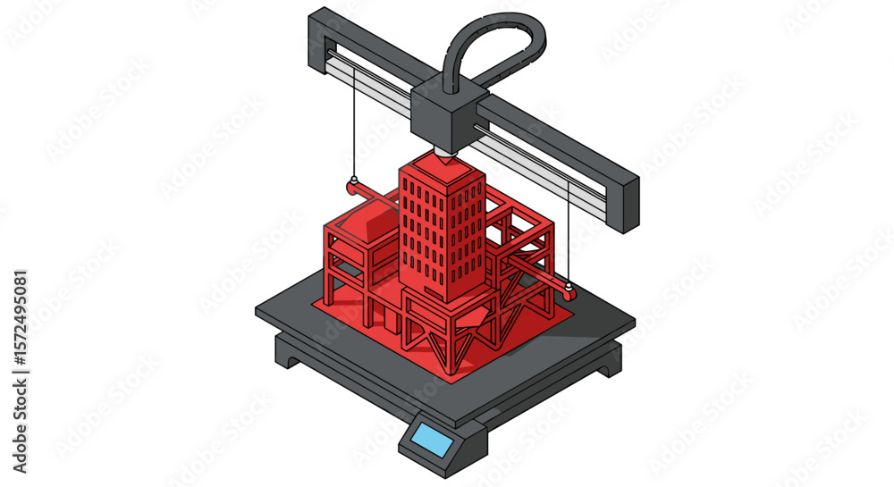 Poster isometric 3d printing of red architecture model on modern printer platform