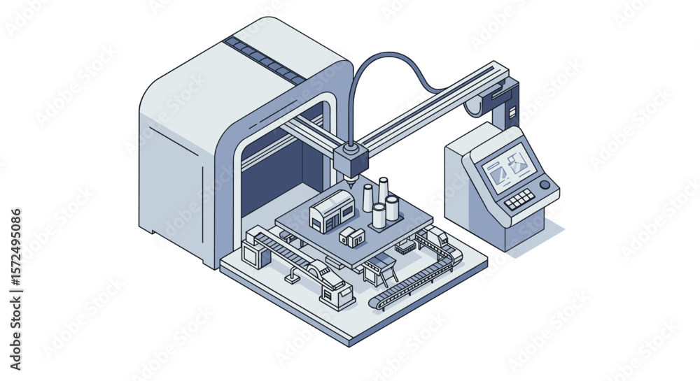 Poster isometric 3d printer and control panel in futuristic factory setting