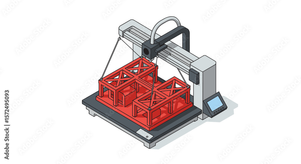  isometric 3d printer with red structural design on display