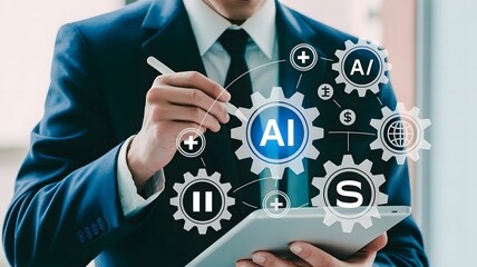 A businessman analyzes aipowered business processes on a tablet