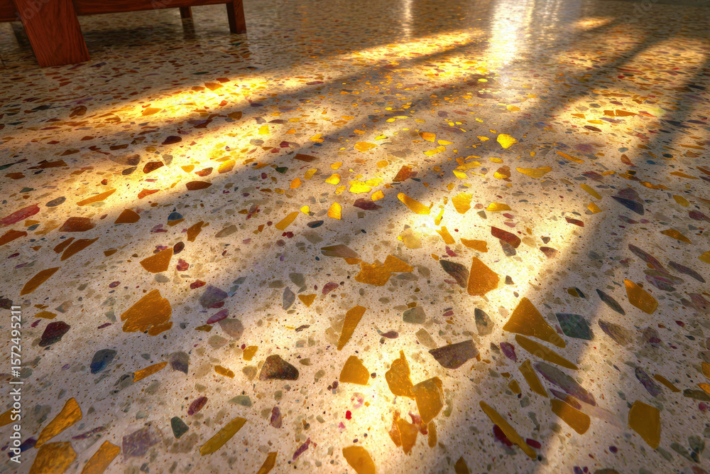 Poster sunlight moves across terrazzo floor with colorful stone fragments, creating warm organic patterns a