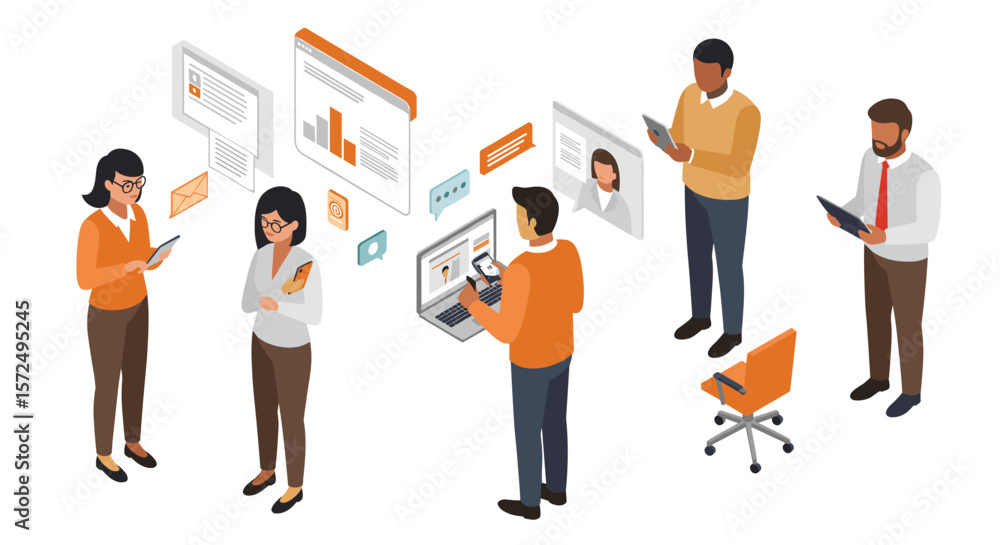 Poster isometric office team collaboration with digital devices and interface elements