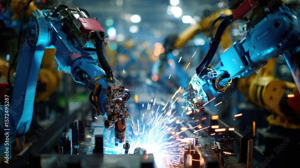 Aufkleber wideangle shot of robotic arms engaging in complex welding operations representing the innovation an